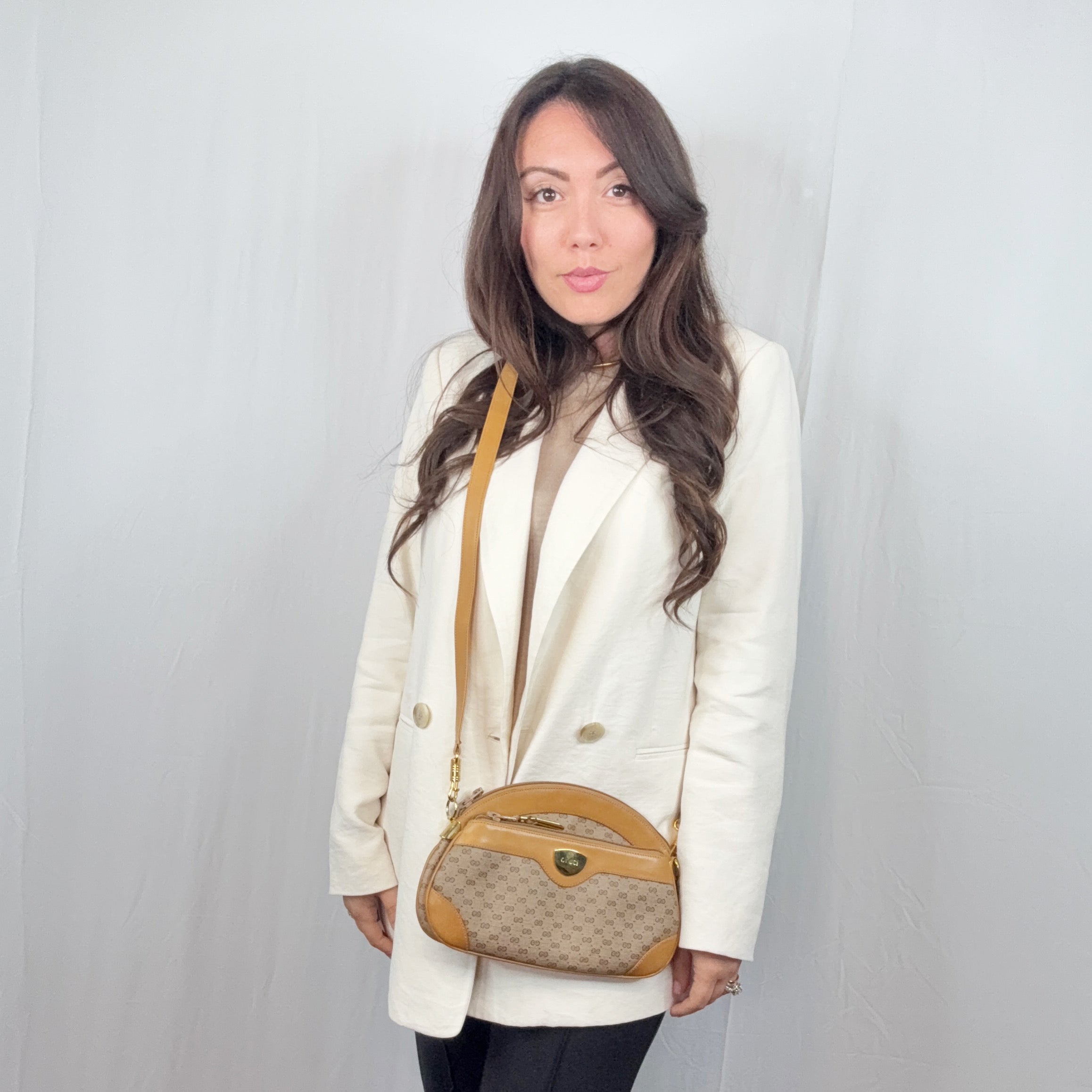 Gucci Vintage Beige Monogram Canvas Semi Round Crossbody Bag