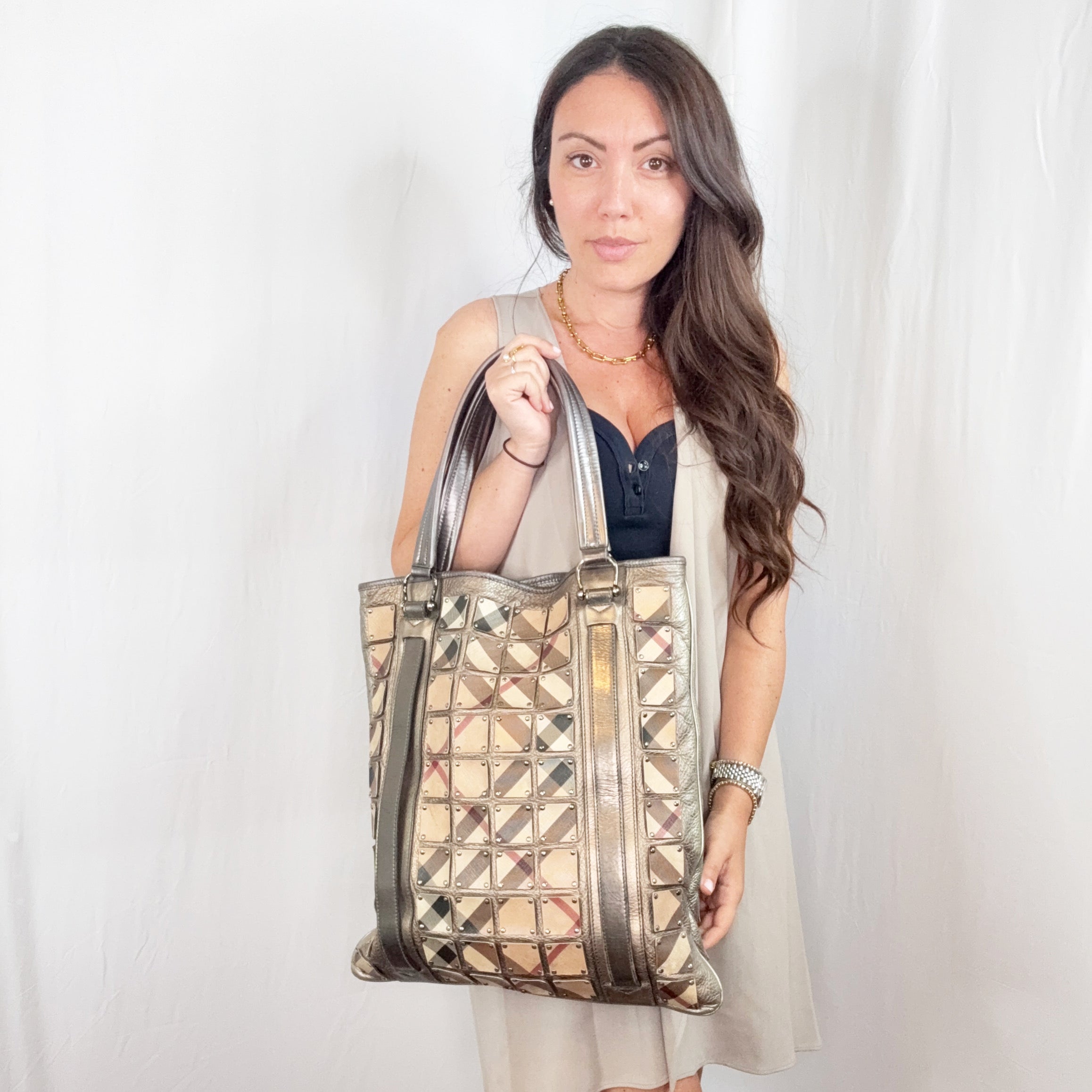 Borsa tote Brooke Warrior in tela Nova Check e pelle metallizzata Burberry