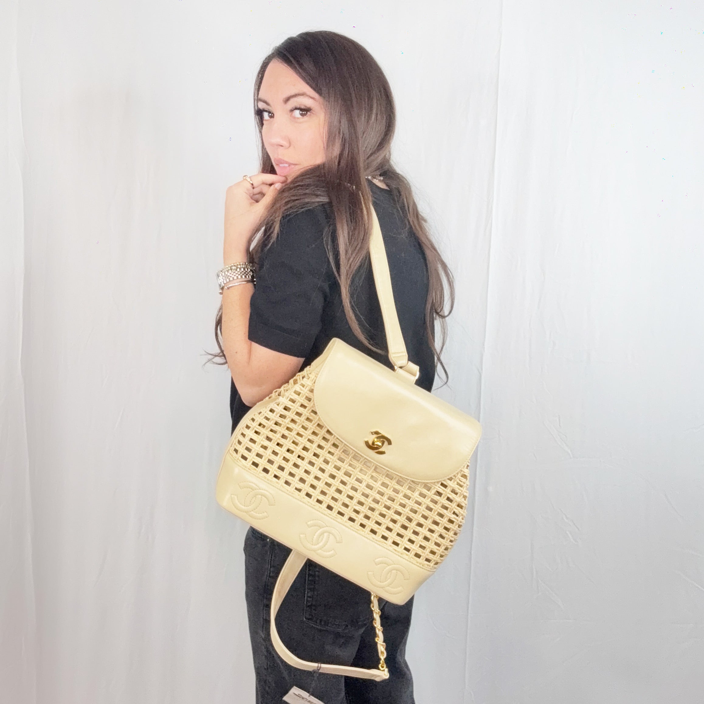 Chanel Vintage Beige Leather and Straw Backpack Shoulder Bag