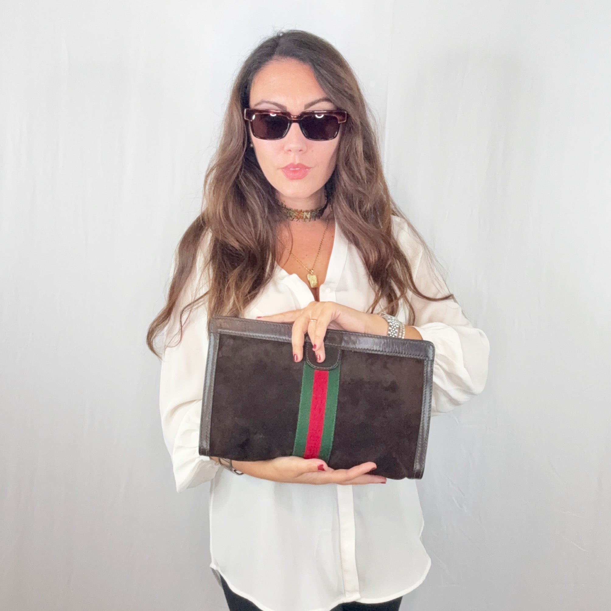 Gucci Vintage Braune Wildleder Kosmetiktasche Clutch Web mit Streifen