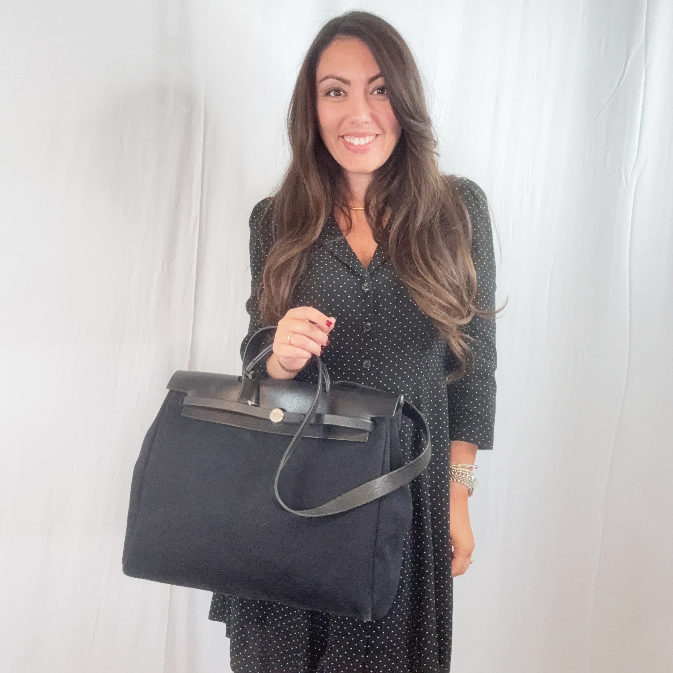 Borsa a mano Hermes Herbag 39 in tela nera e pelle