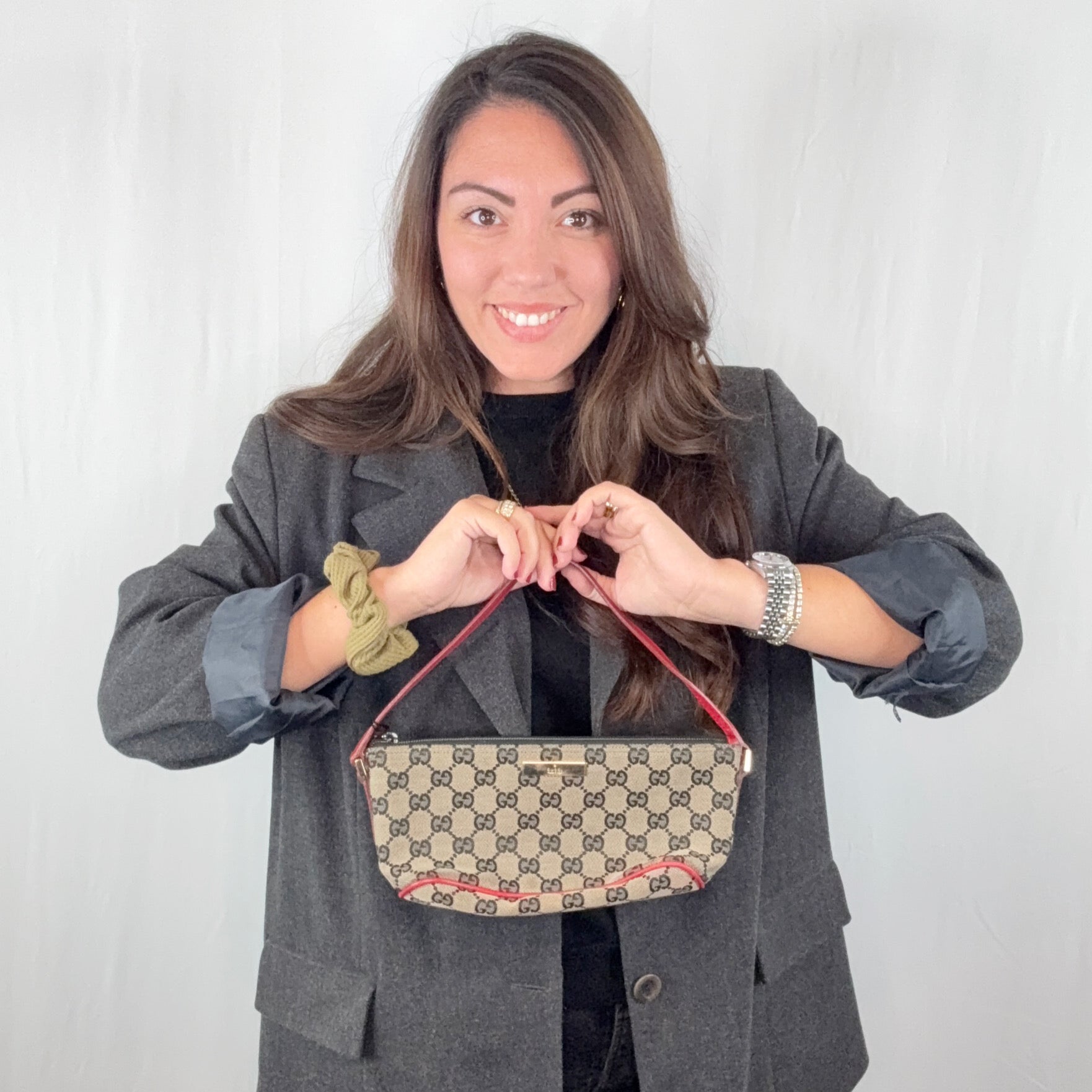 Borsa a tracolla Gucci Beige Rosso Nero Monogram Pochette Boat