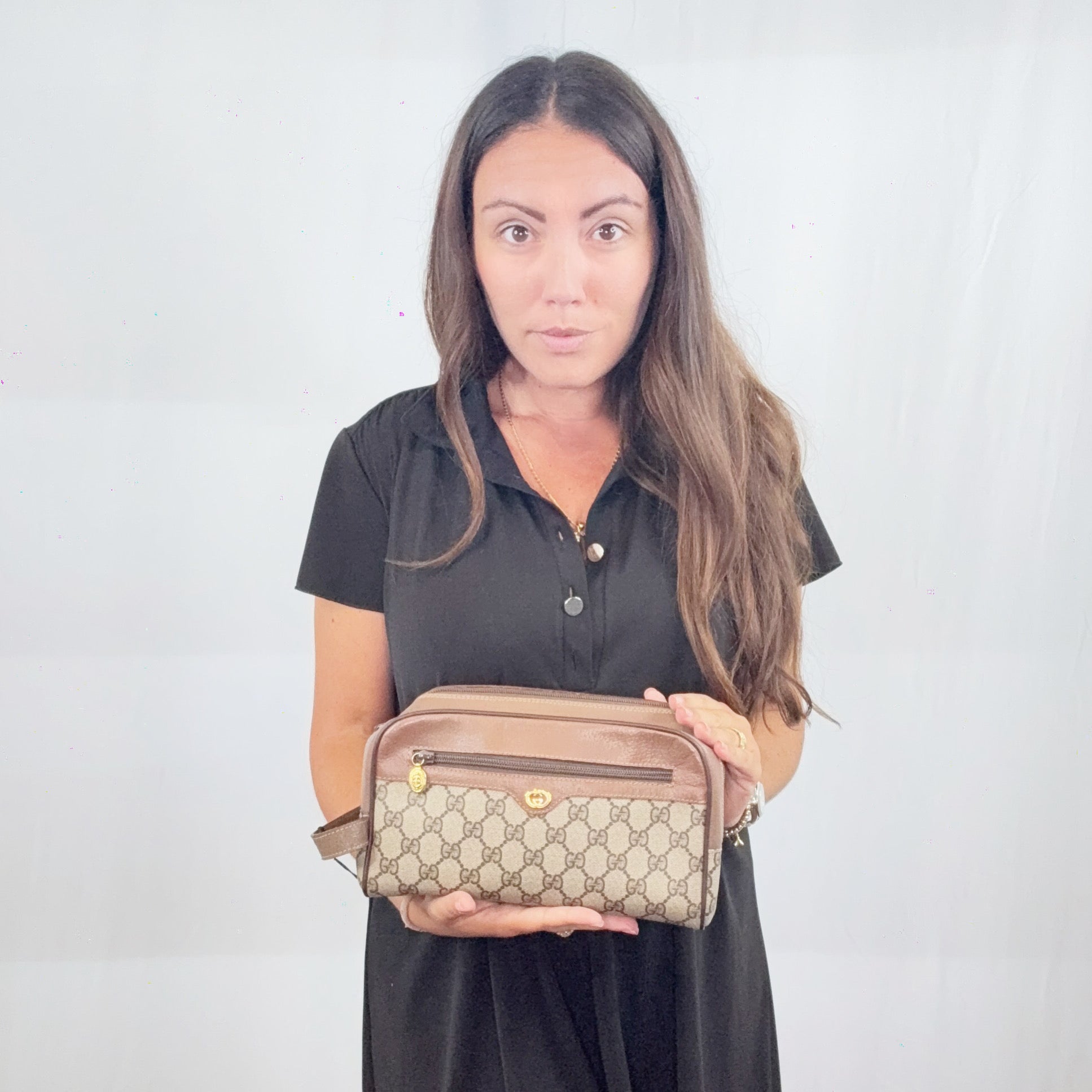 Borsa per cosmetici Gucci Vintage Beige Monogram Canvas Clutch Wash