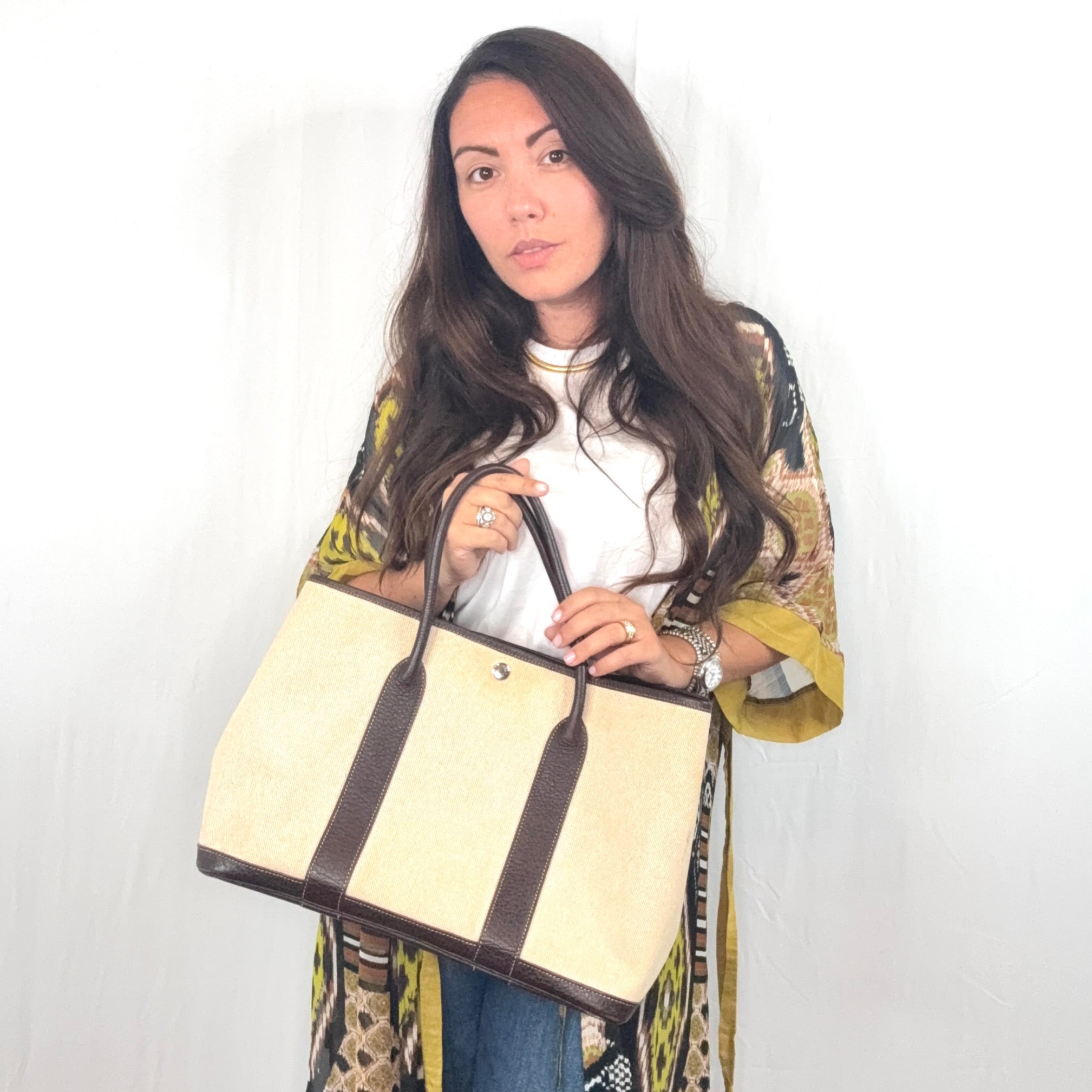 Borsa tote Hermes Paris in tela beige e nera Garden Party 36