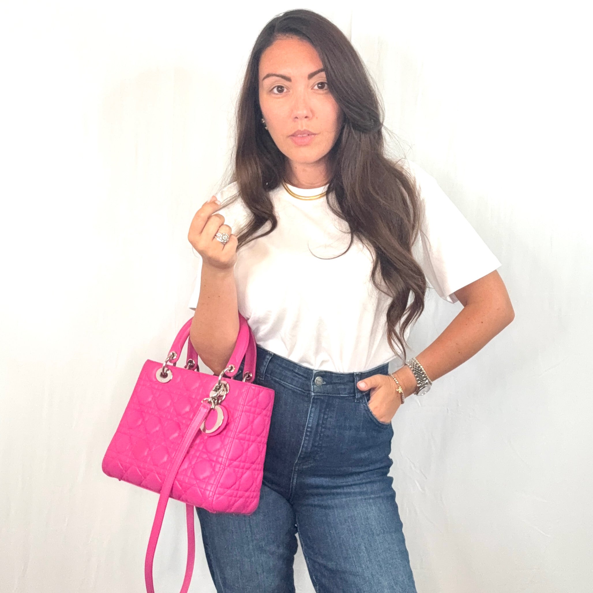 Christian Dior Pink Leather Cannage Quilted Small Lady Dior Bag