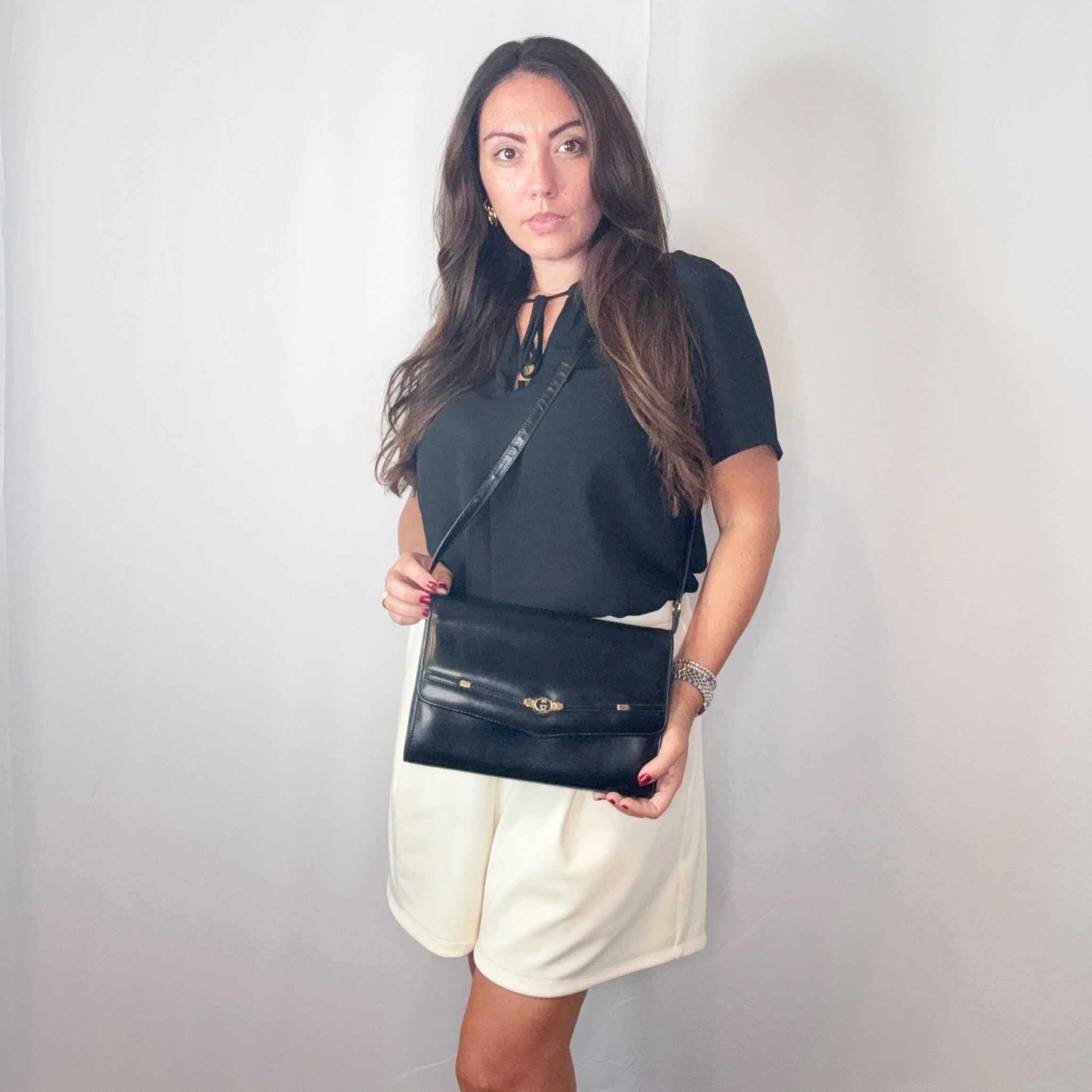 Gucci Vintage Schwarze Leder Cabrio Tasche Schultertasche Clutch