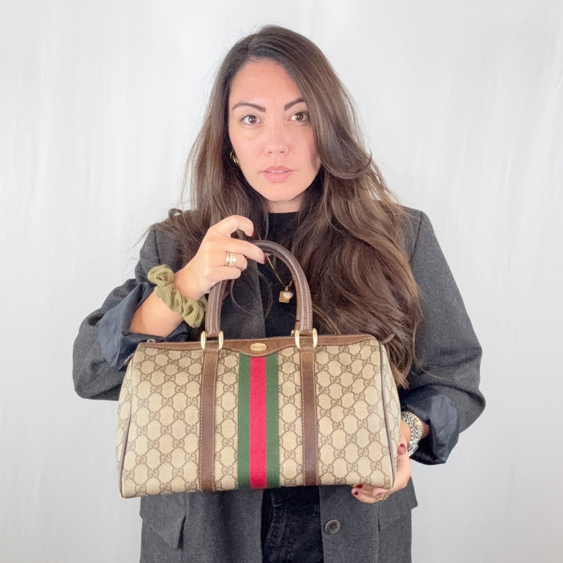Gucci Vintage Brown Monogram Canvas Leather Web Boston Bag