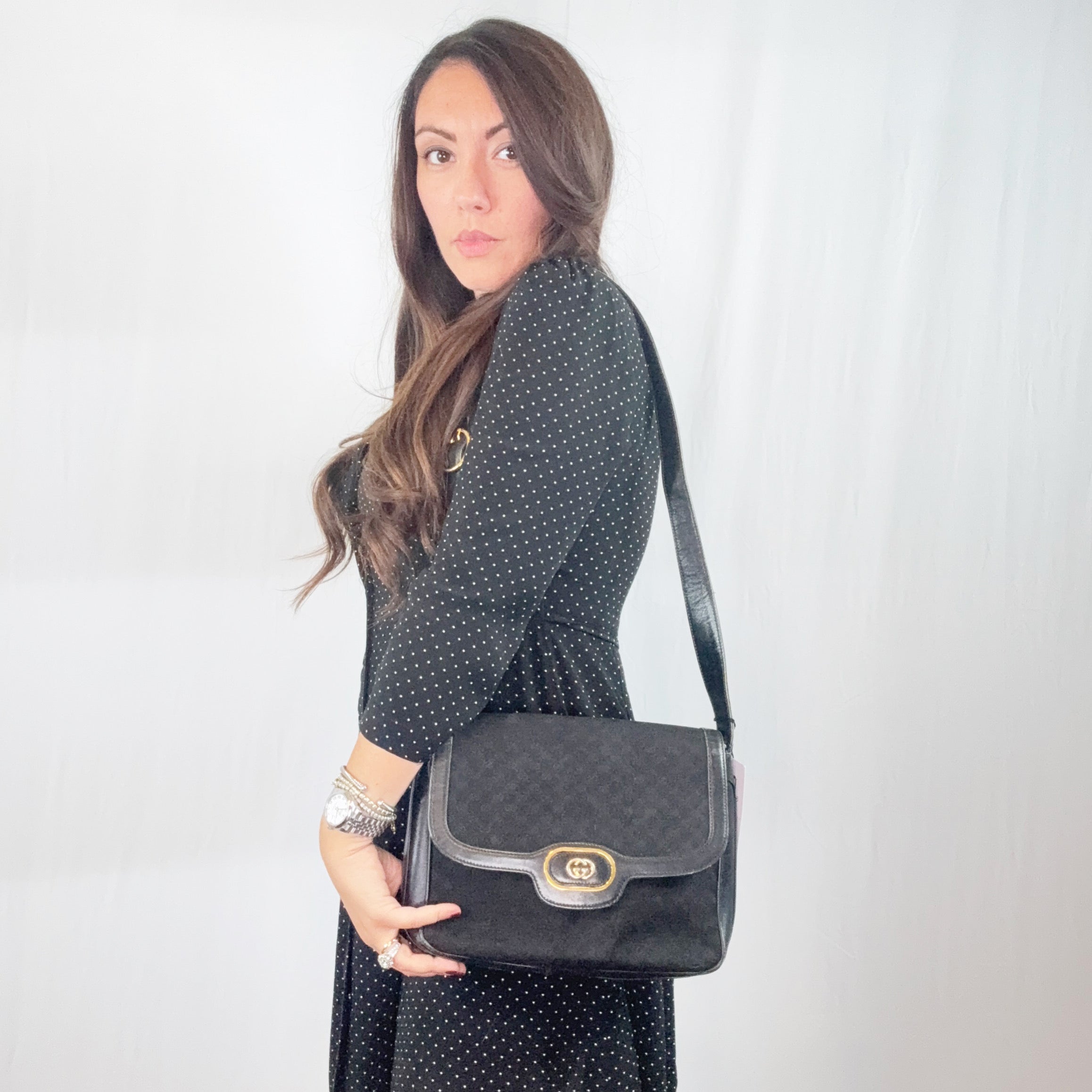 Borsa a tracolla Gucci Vintage in tela monogramma nera e pelle
