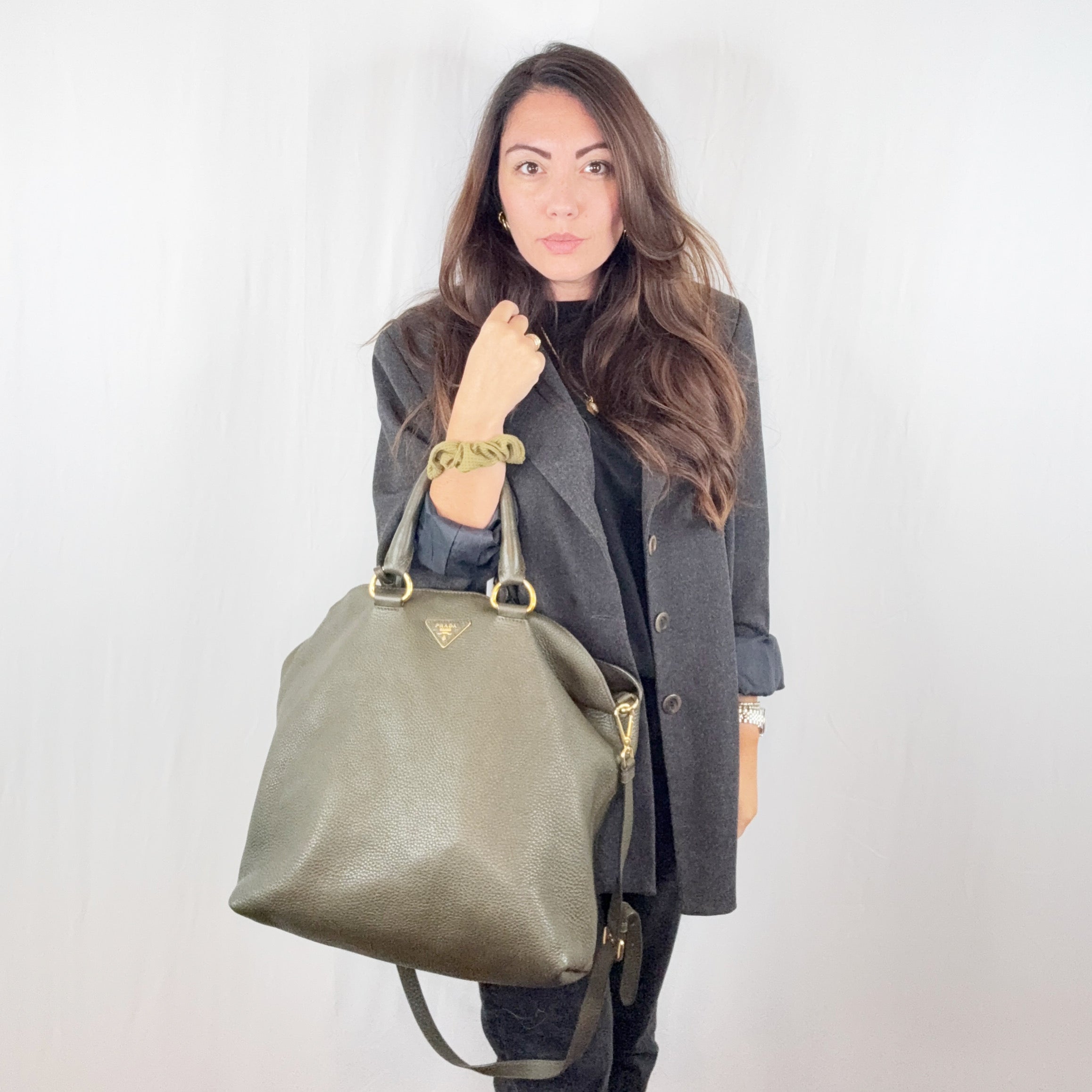 Prada Military Green Leather 2 Way Tote Shopping Bag with Strap