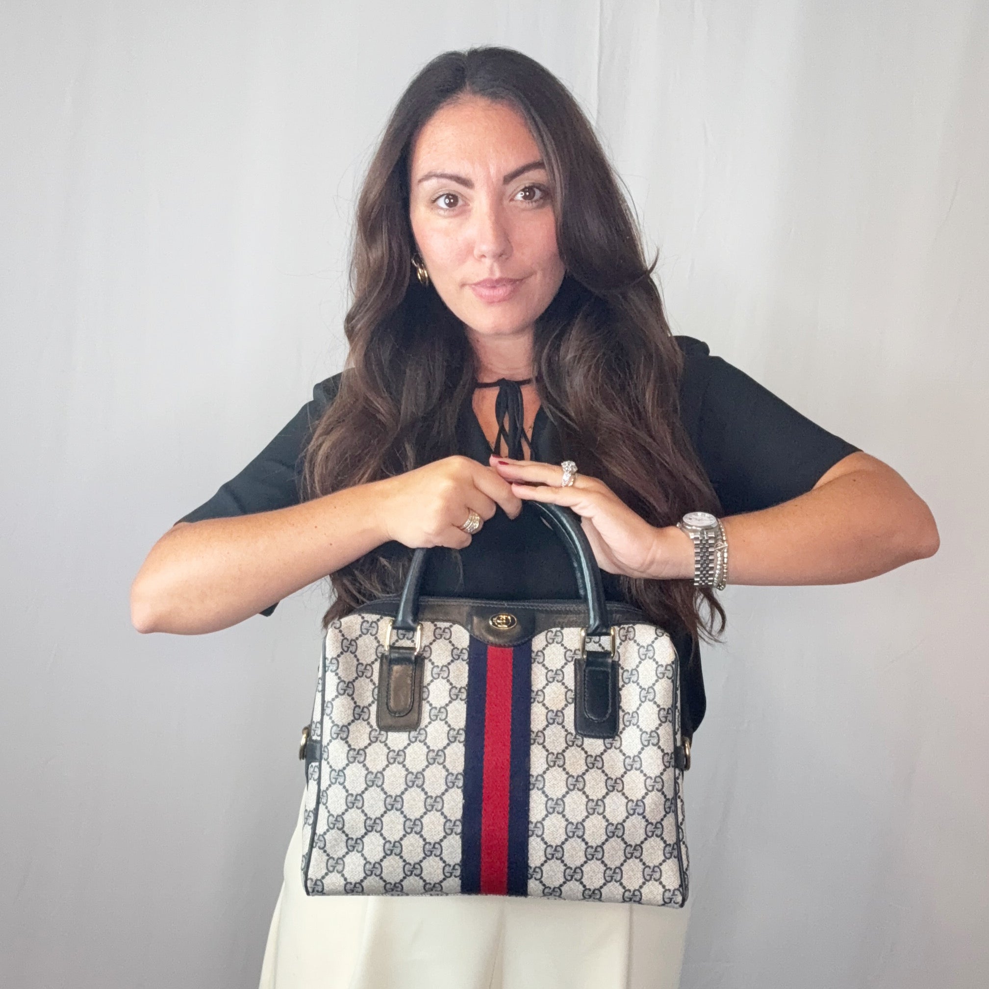 Gucci Vintage Blue Monogram Canvas Ophidia Umhängetasche mit Streifen
