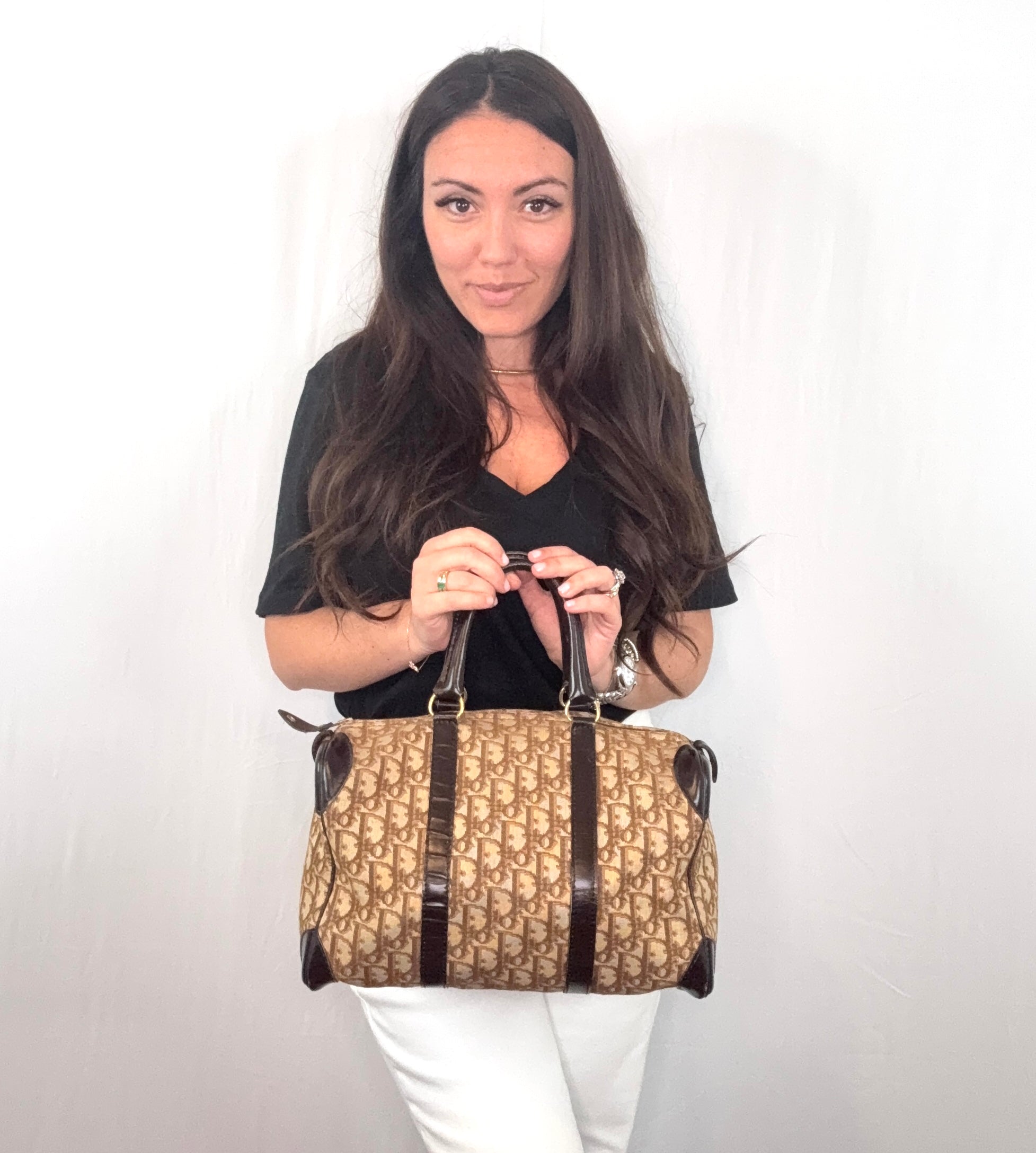Borsa Boston grande in tela obliqua con logo marrone vintage Christian Dior