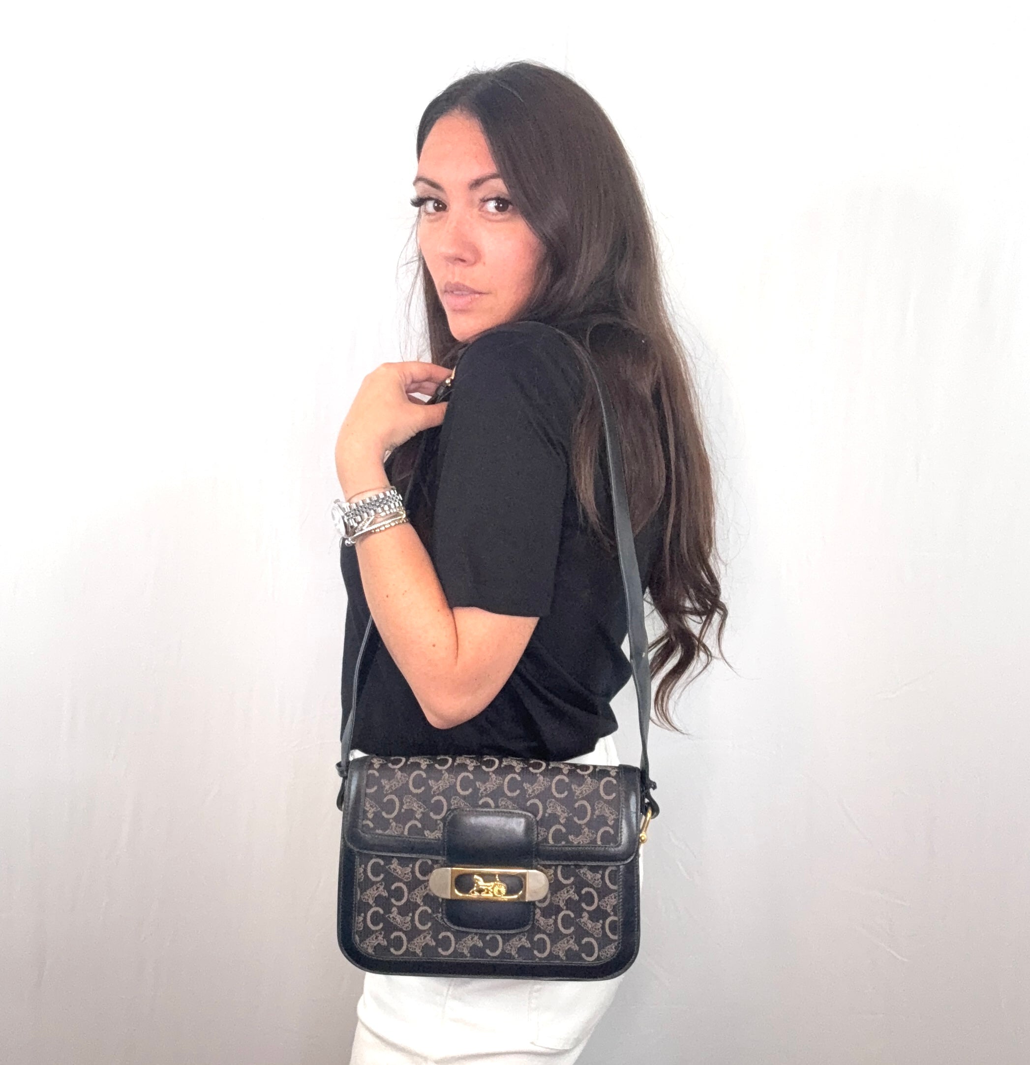 Borsa a tracolla Celine Vintage Blue C Carriage in tela con patta