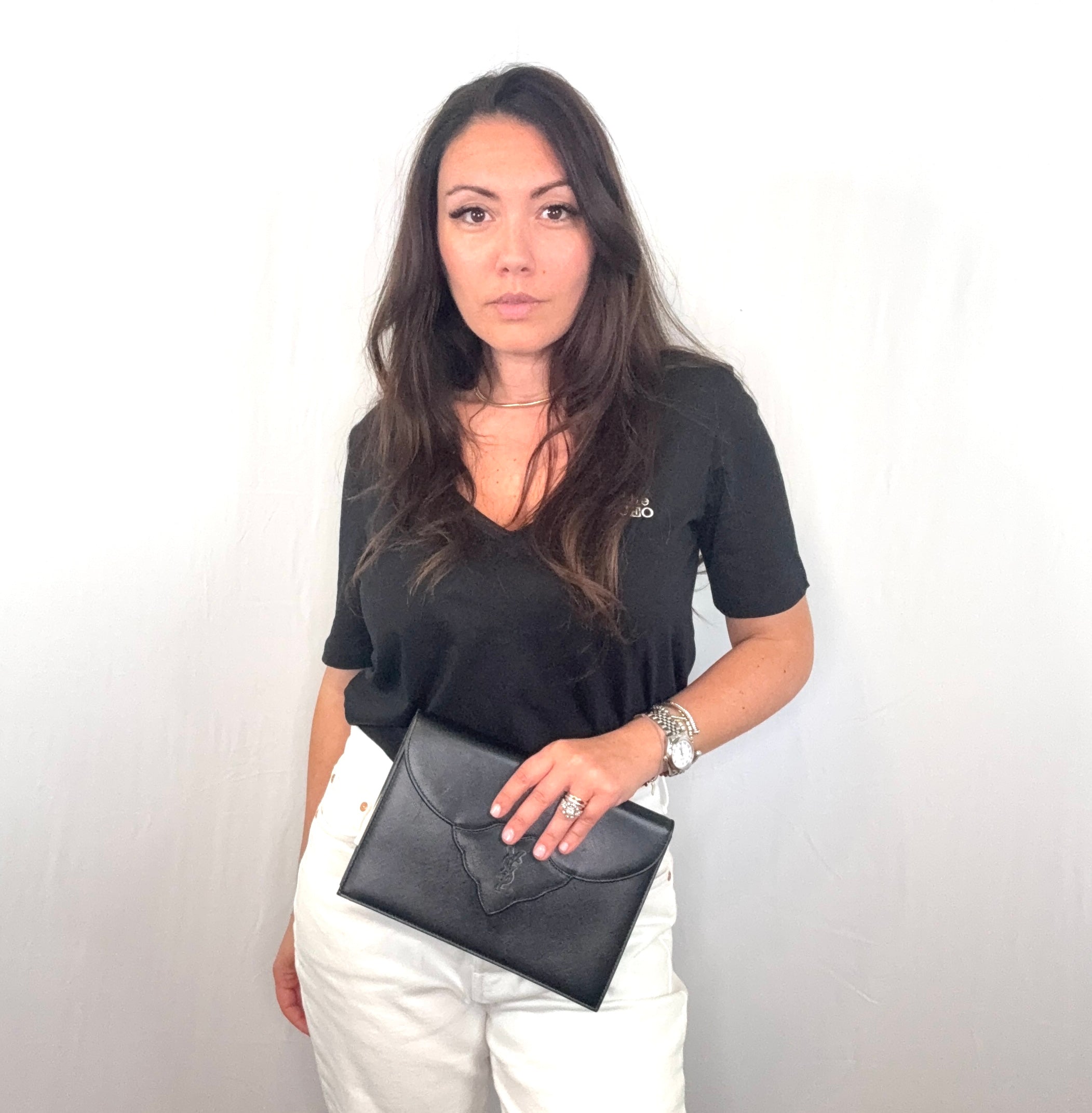 Yves Saint Laurent Vintage Black Leather YSL Logo Flap Clutch Bag