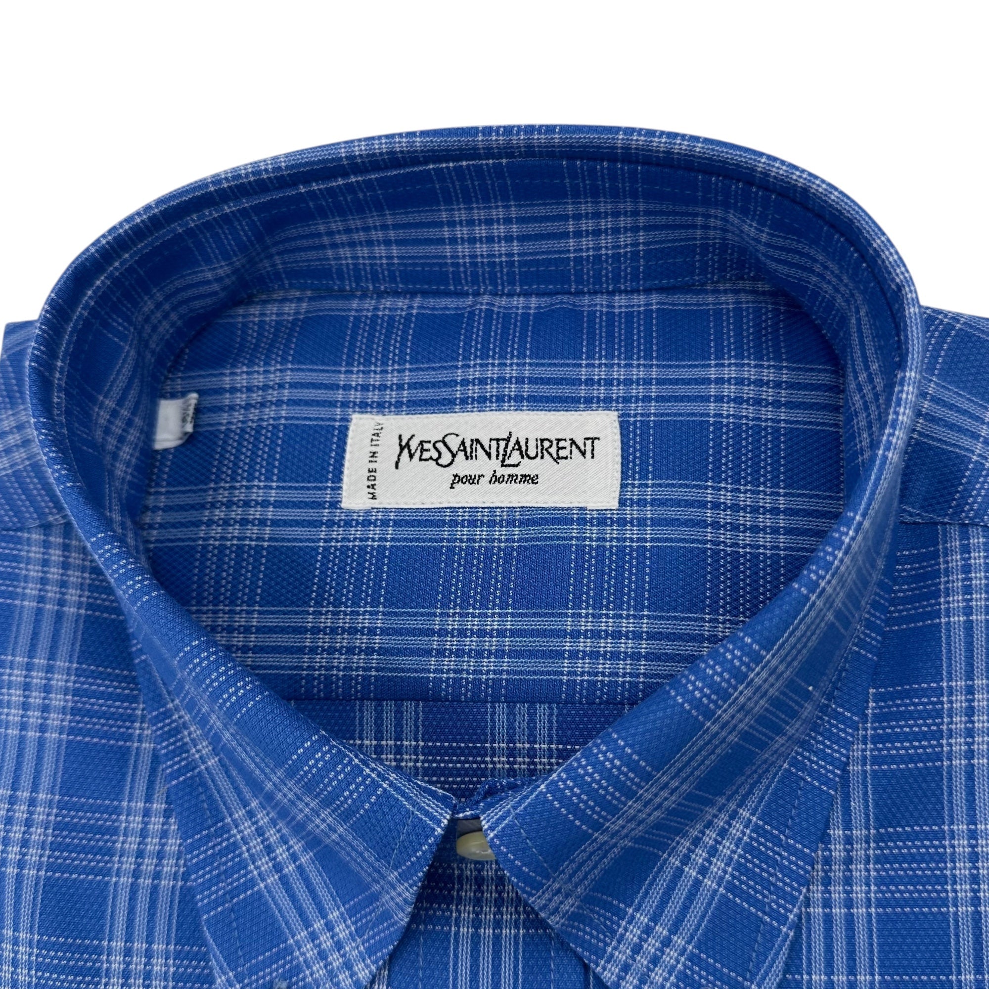 yves st laurent dress shirt Vtg Ysl Saint 16.5 36 37 Button Front Blue Long Sleeve button cuffs Straight hem 100% Viscose Made in Italy Ysl Yves Saint Laurent Shirt